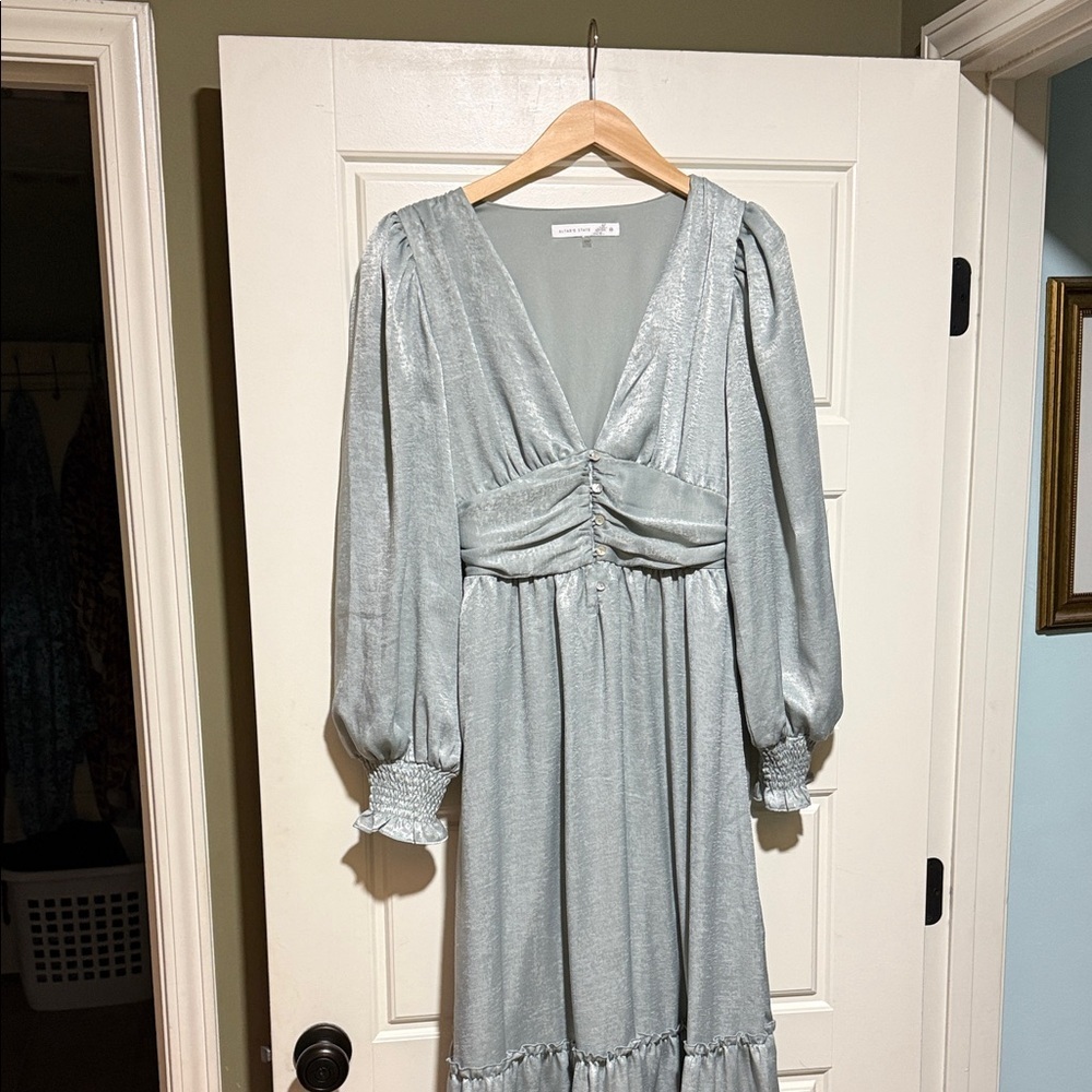 Altar'd State sage green Stevie satin maxi V-Neck Midi Dress with Puff Sleeves - Picture 3 of 9